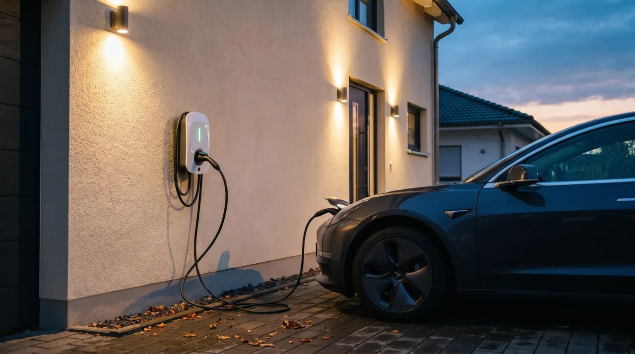 Wallbox an der Hauswand, ein Auto lädt in der Dämmerung